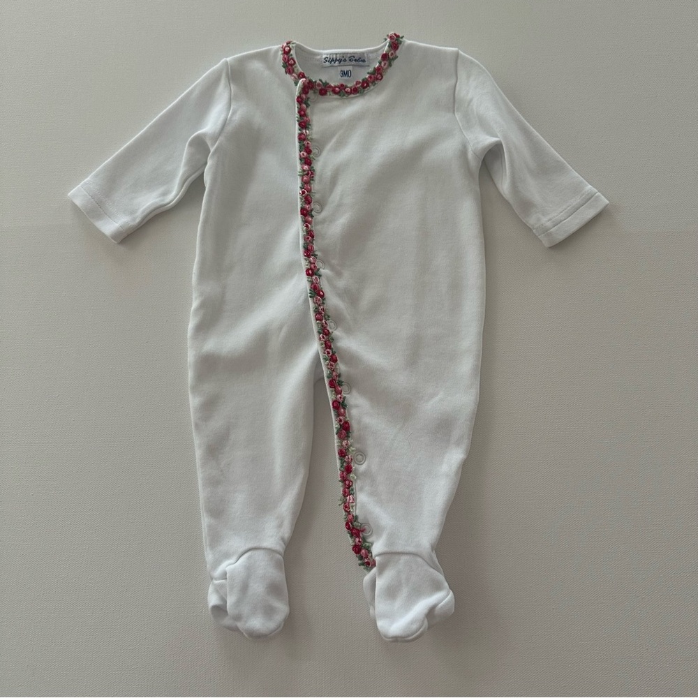 Sippy’s Babes 3 Months Baby Girl White Footie Pima Cotton Roses Embroidered